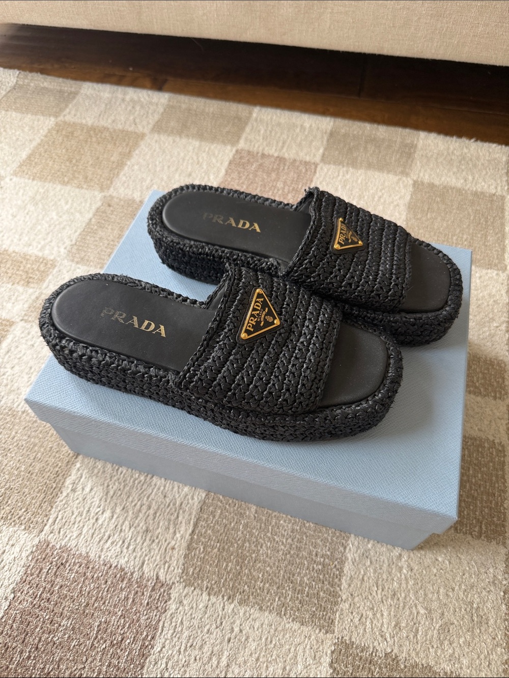 Prada Black Woven Raffia Slide Sandals with Gold Triangle Logo
